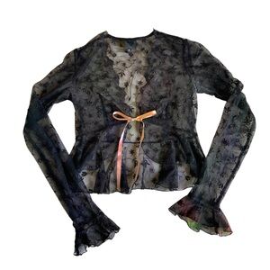 Anna Sui Black Sheer Lace Floral Tie-Front Blouse with Peach Ribbon